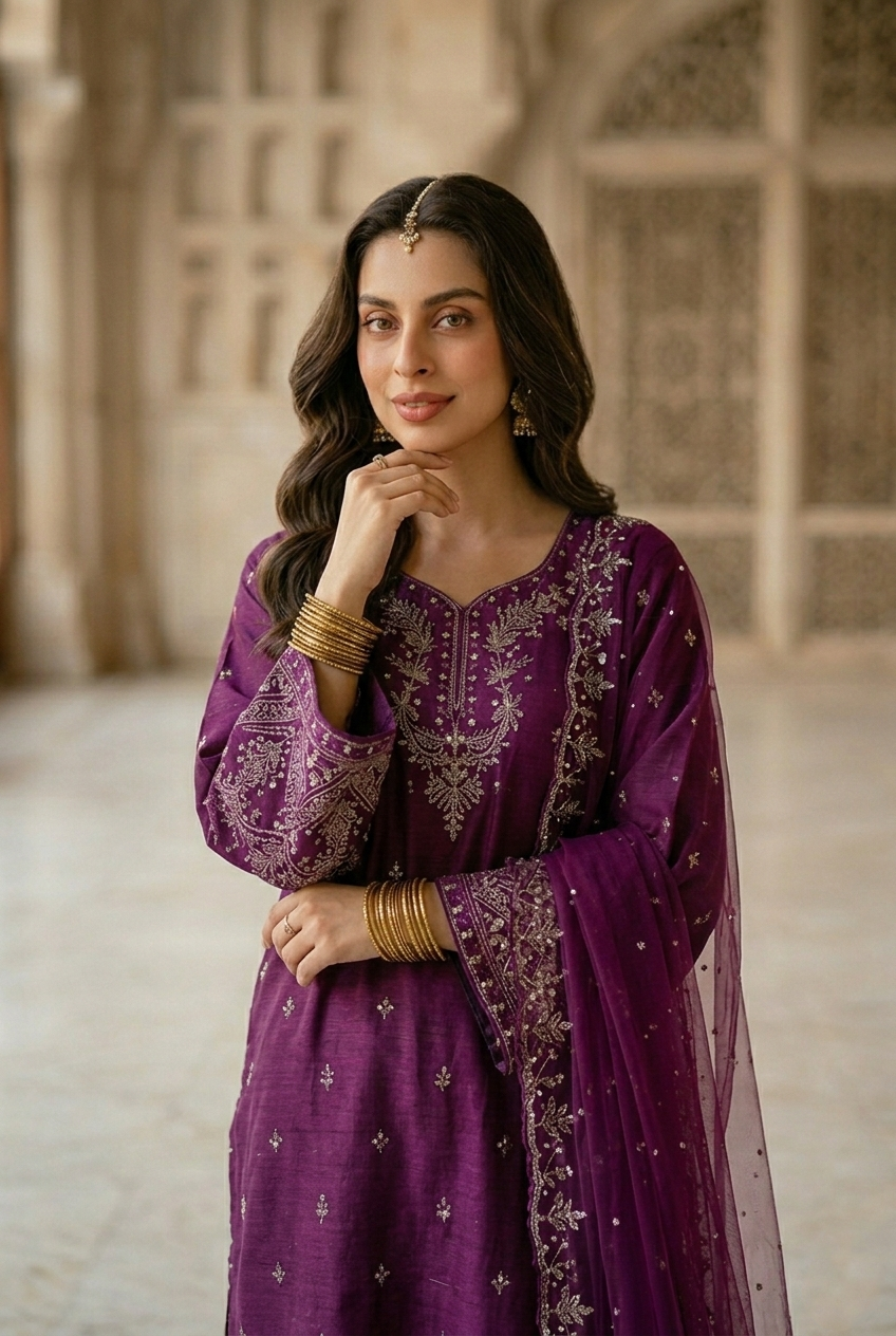Woman in a purple traditional outfit with intricate designs, standing in a historic architectural setting.