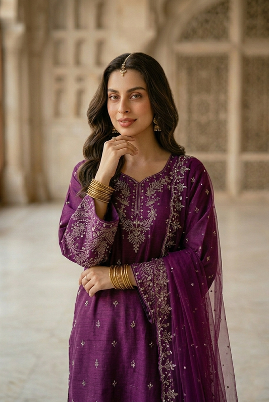 Woman in a purple traditional outfit with intricate designs, standing in a historic architectural setting.
