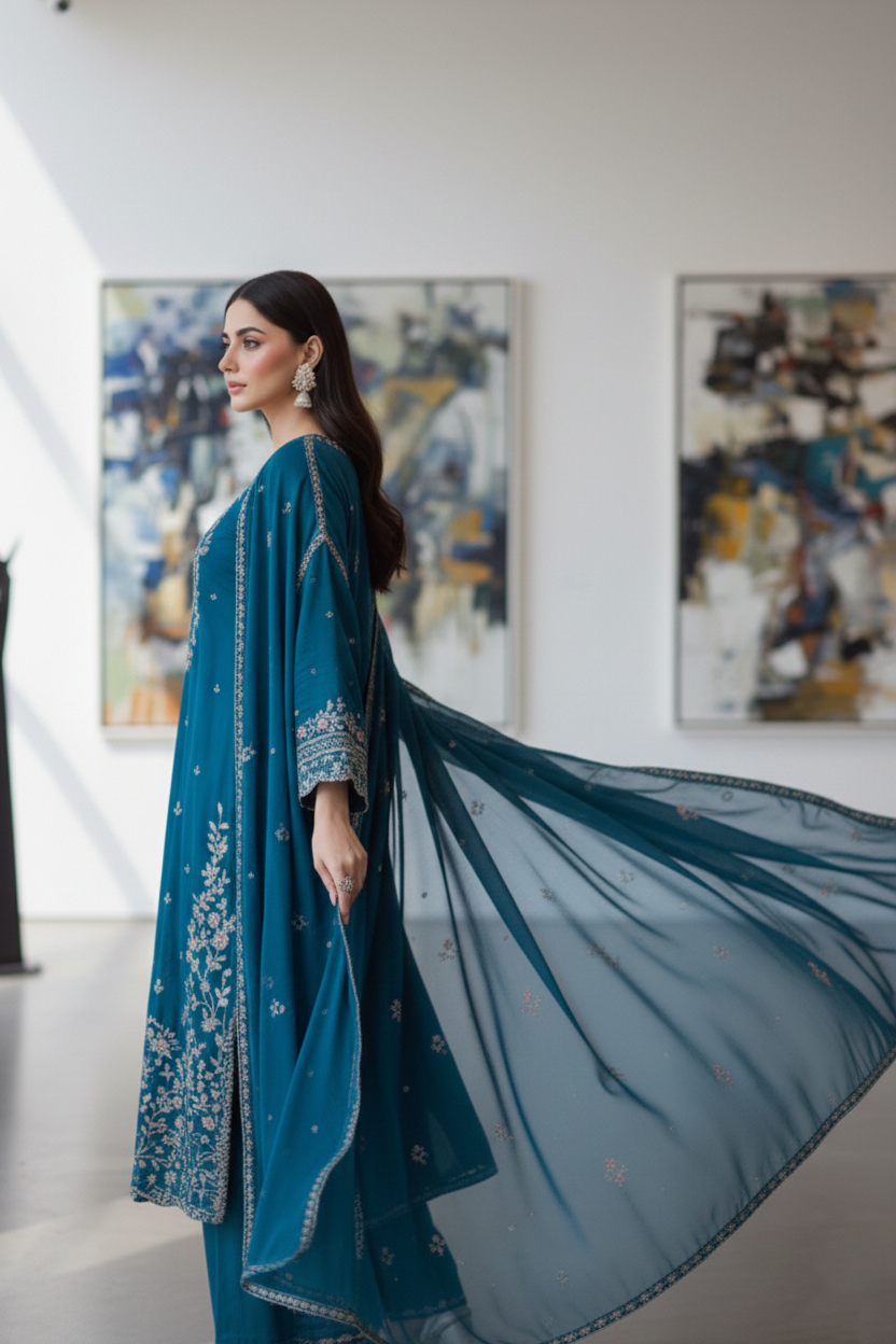 Woman in a blue embroidered traditional outfit standing in a room with abstract art on the walls.