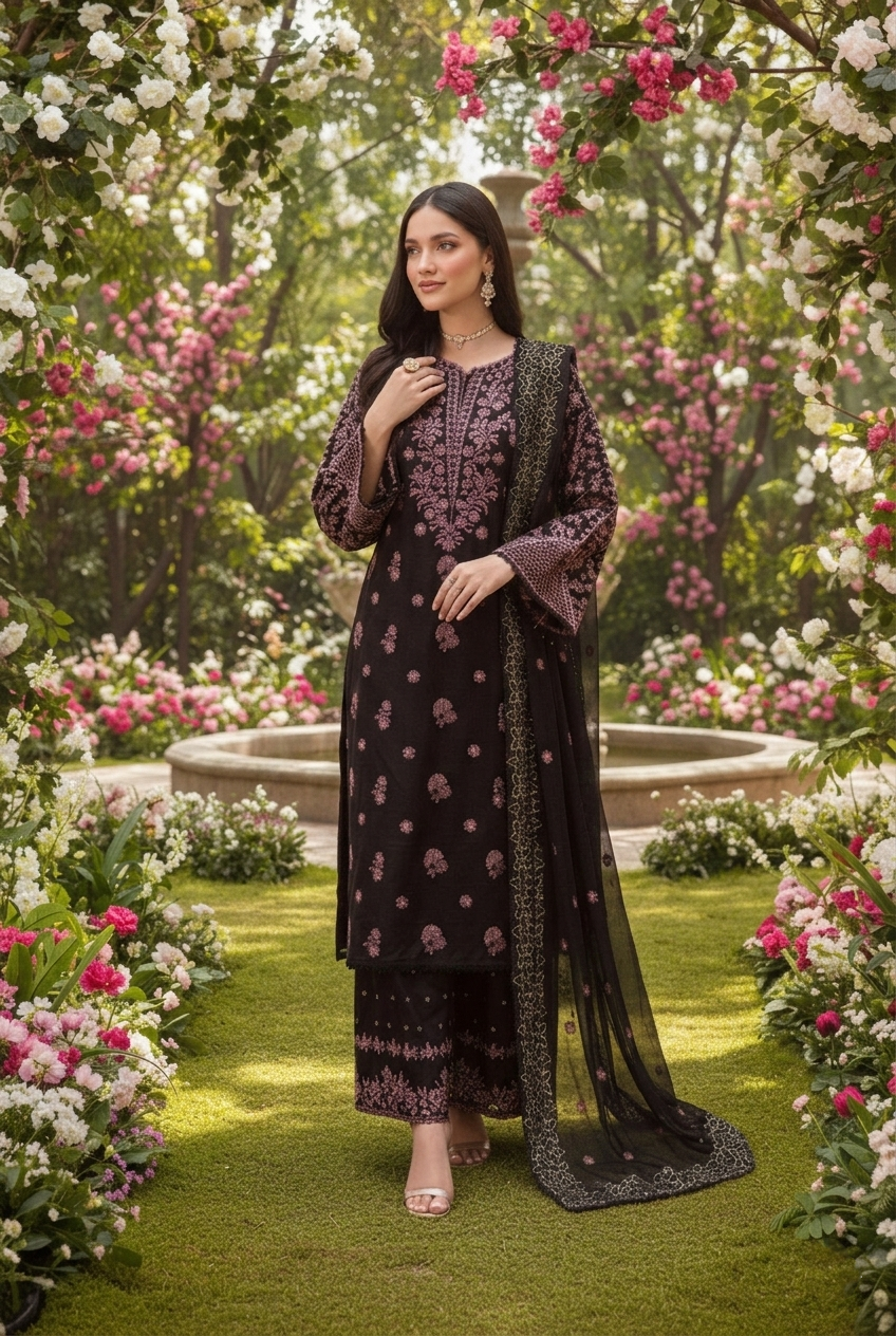 Woman in a black and pink traditional outfit standing in a garden with flowers.