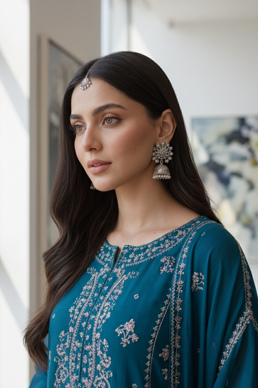 Woman wearing a teal embroidered dress with jewelry indoors