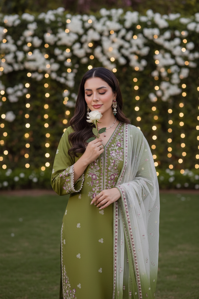 Woman in a green and white traditional outfit holding a flower, with decorative lights and flowers in the background.