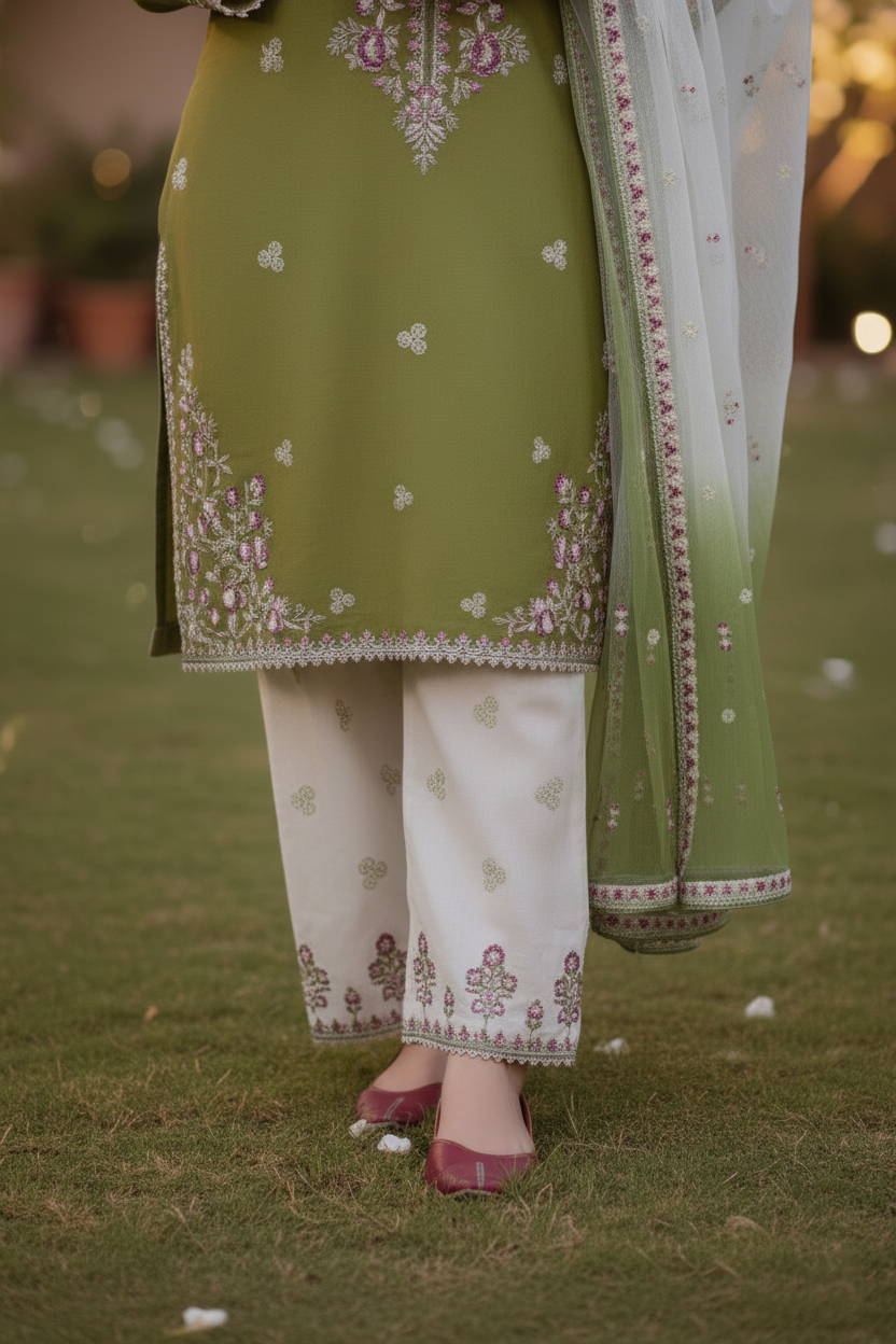 Green and white traditional outfit with floral patterns on a grassy background