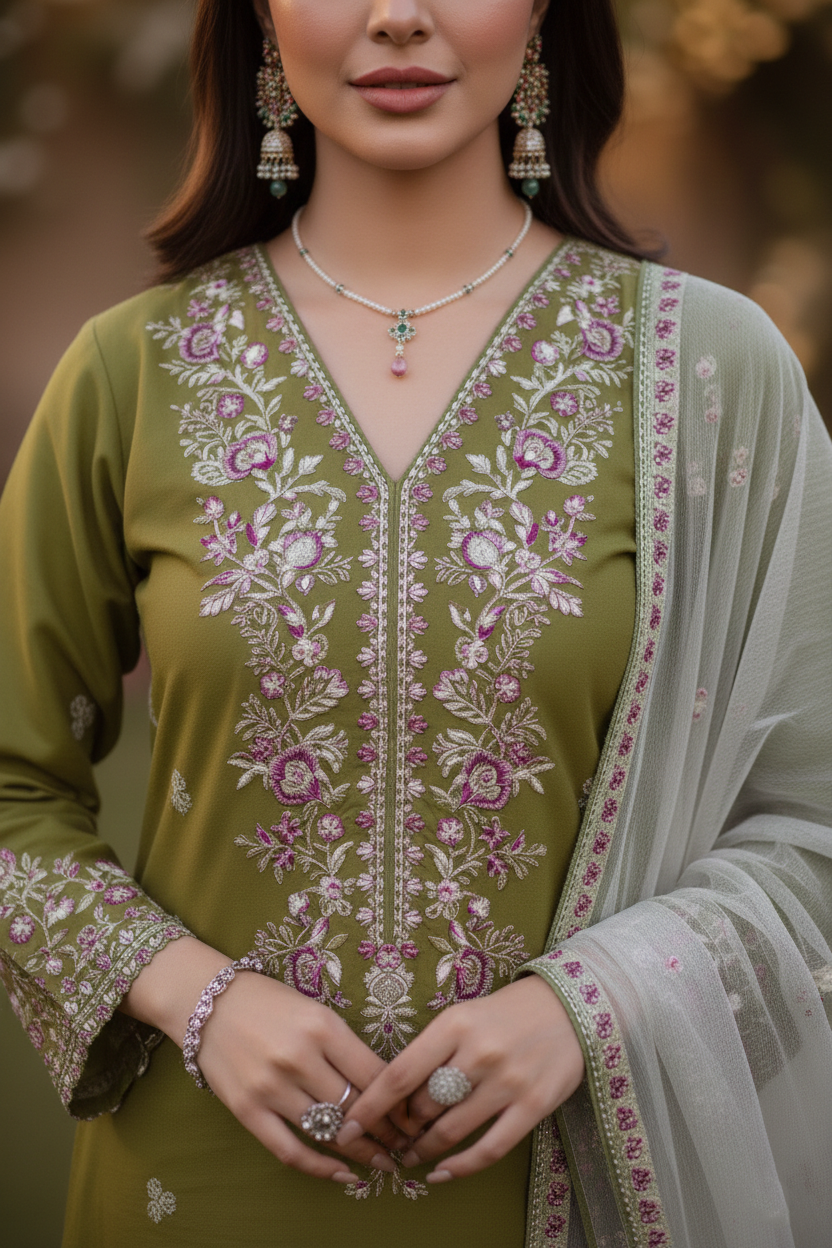 Woman wearing a green embroidered outfit with floral patterns, jewelry, and a blurred background.