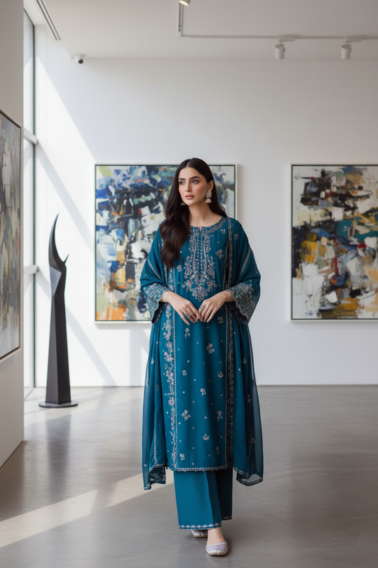 Woman in a blue traditional outfit standing in an art gallery.