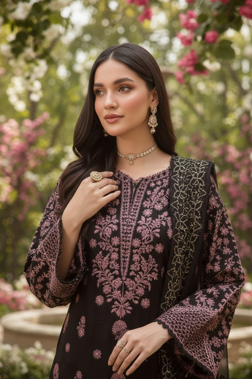 Woman wearing a black and purple embroidered outfit with floral background