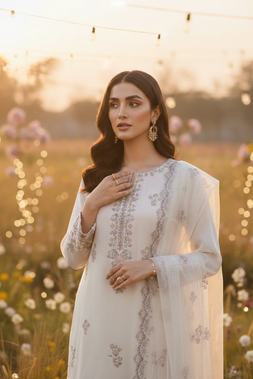Woman in a white embroidered outfit standing in a field with flowers and a sunset.