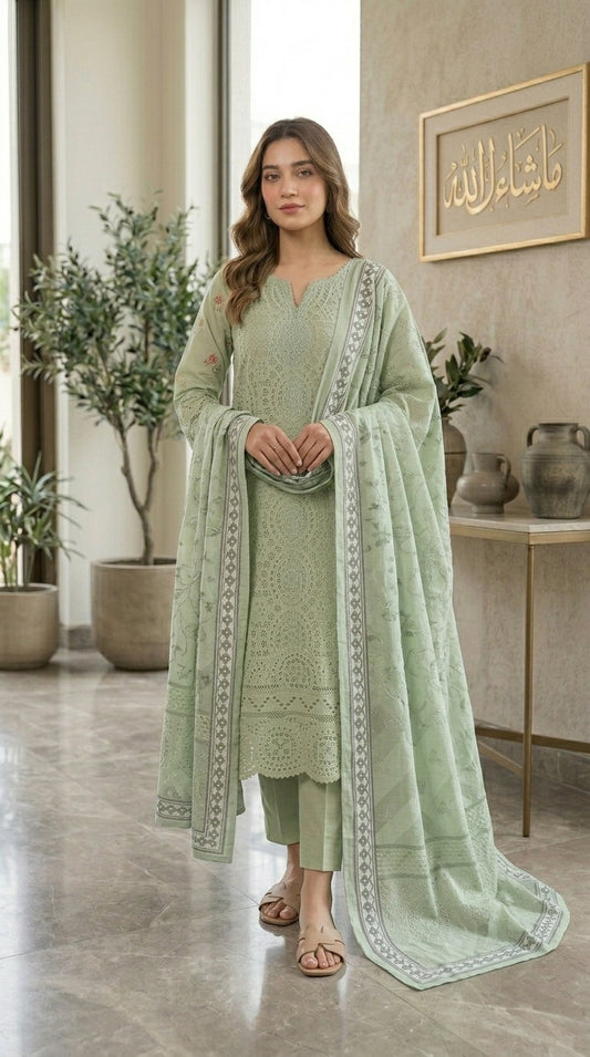 Woman in a light green traditional outfit standing in a modern interior setting.