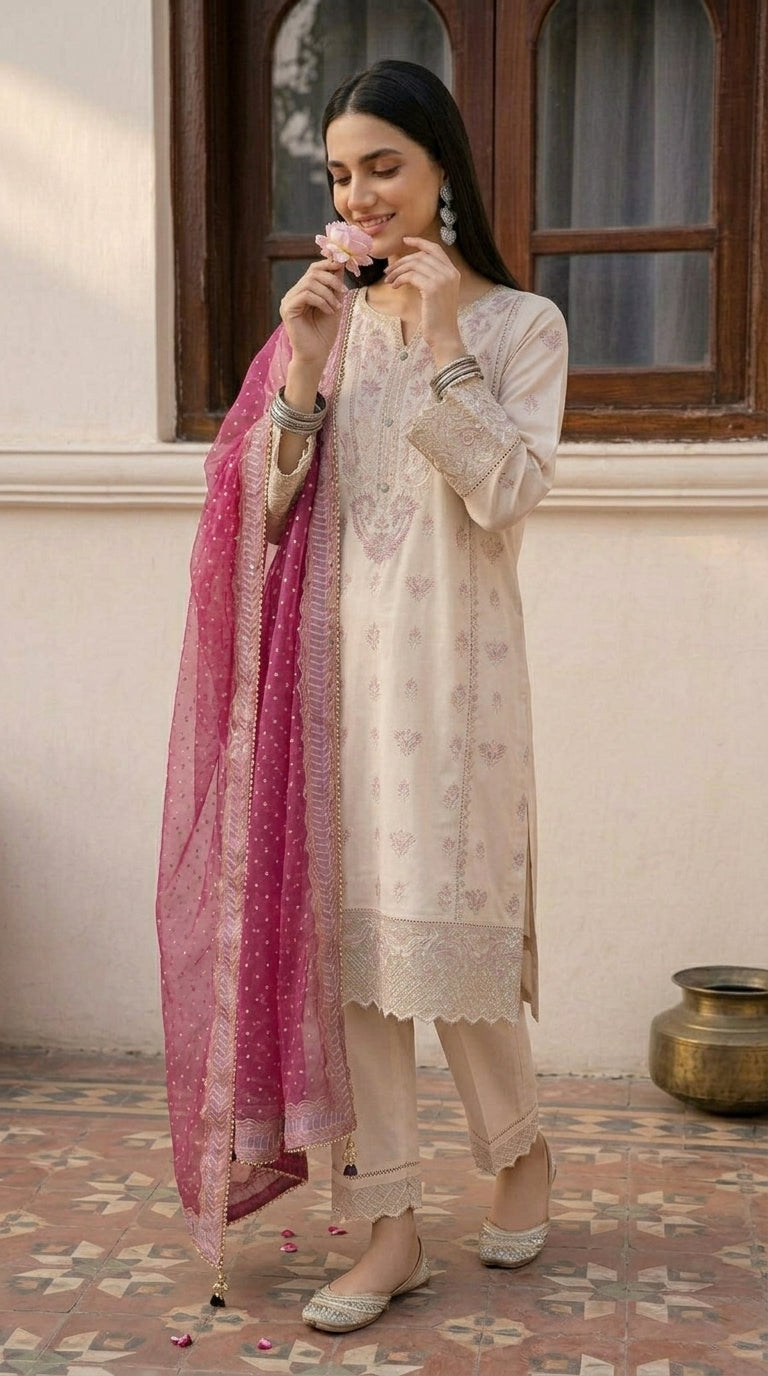 Woman holding a pink flower in front of a window with a pink scarf draped over her shoulder.
