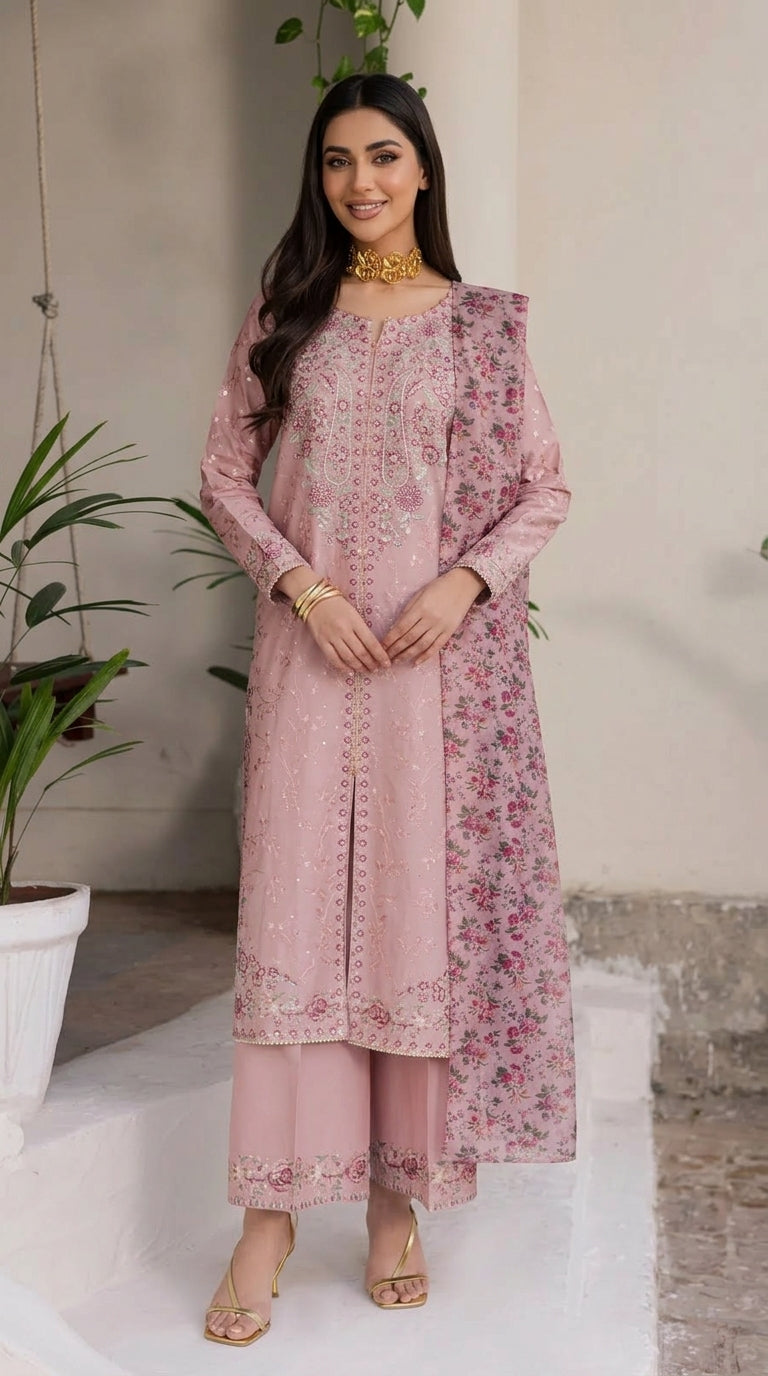 Woman wearing a pink floral outfit standing indoors with plants in the background