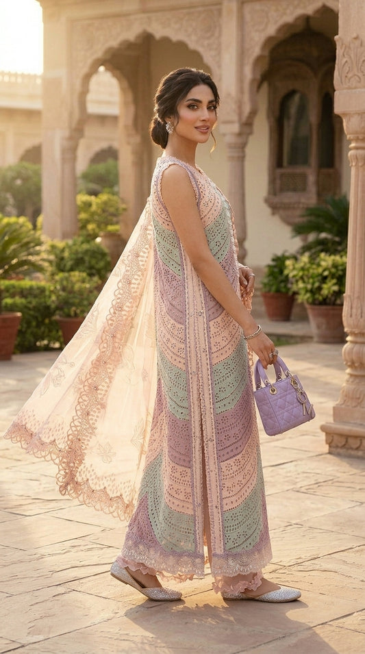Woman in a colorful traditional outfit standing in an outdoor setting with architectural elements.