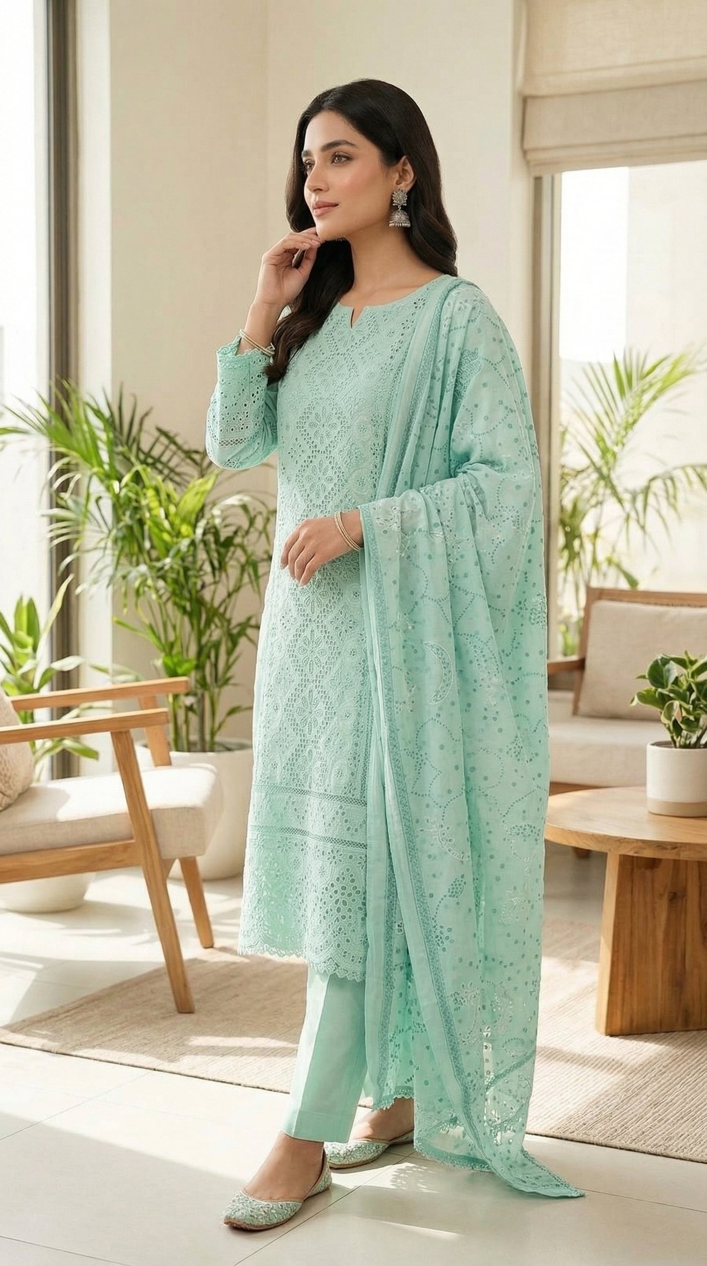 Woman in a light green traditional outfit standing in a bright living room.