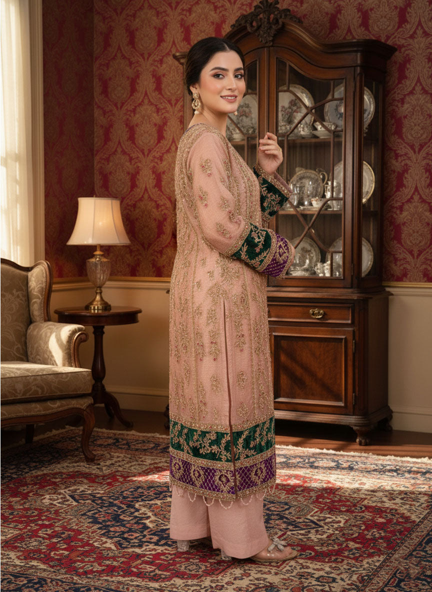 Woman in embroidered Pakistani formal wear suit, standing in an elegant room, festive wear Pakistan