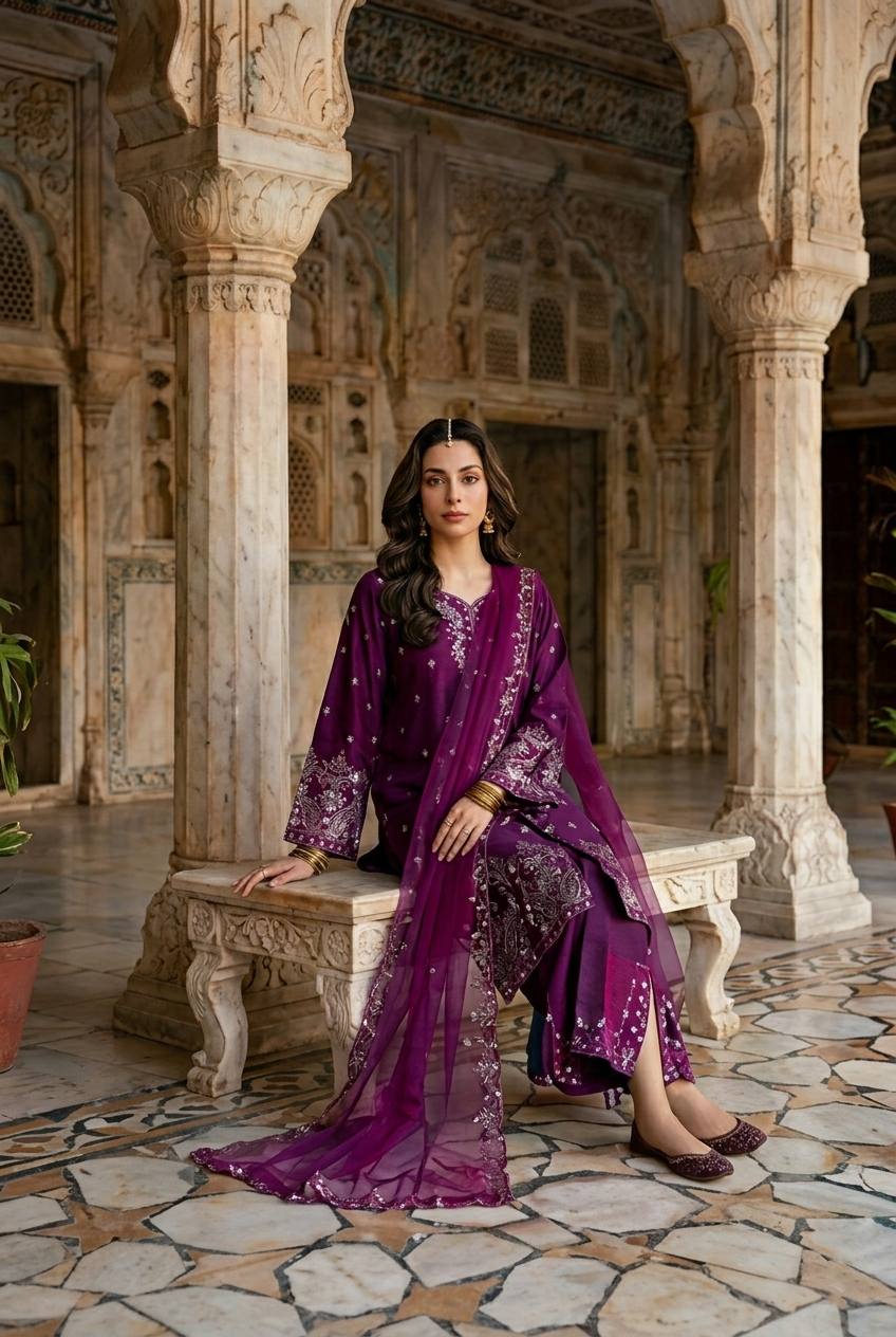 Woman in a purple traditional outfit sitting on a stone bench in an ornate indoor setting.