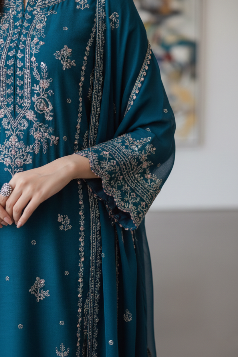 Teal embroidered garment with a blurred indoor background