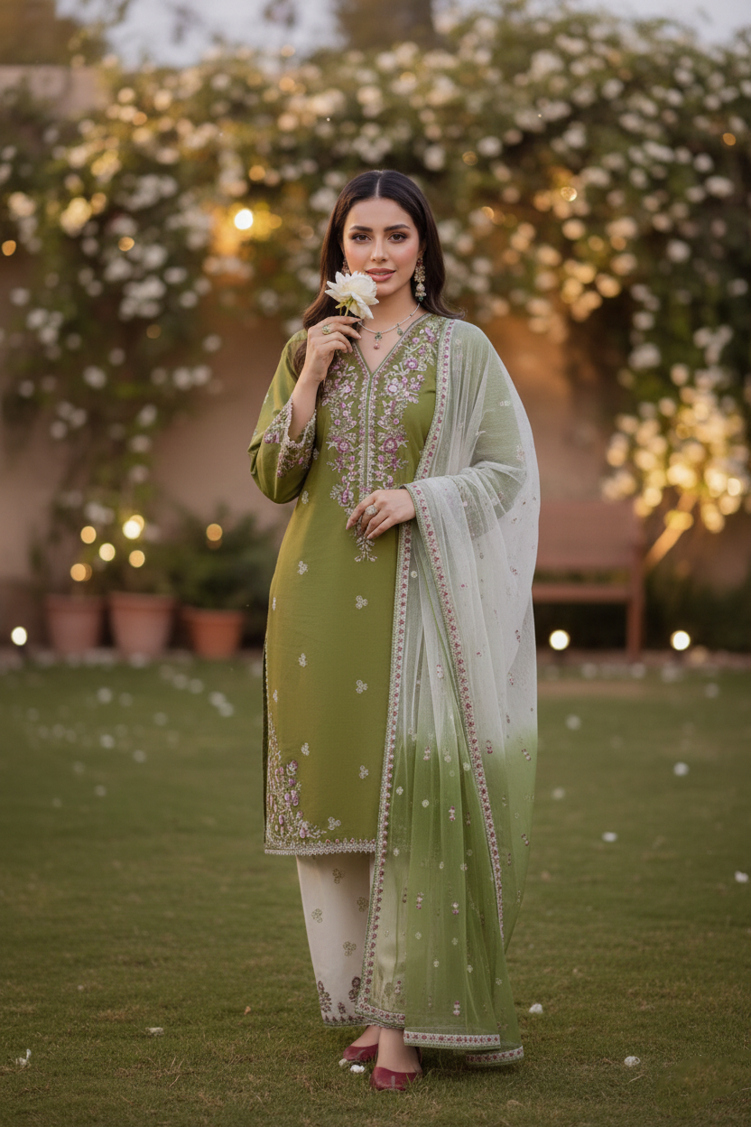 Woman in a green traditional outfit standing outdoors with floral decorations.