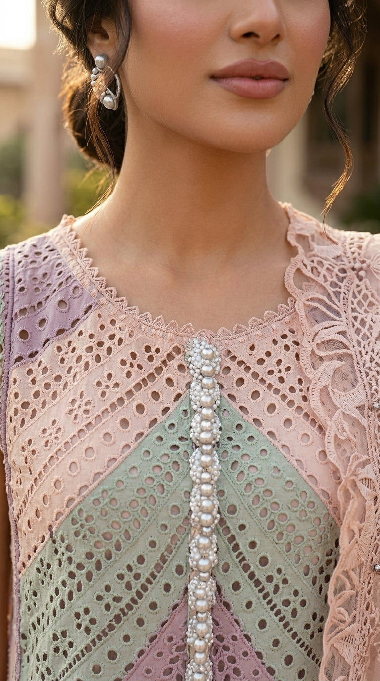 Close-up of a woman wearing a detailed lace top with pearl embellishments.