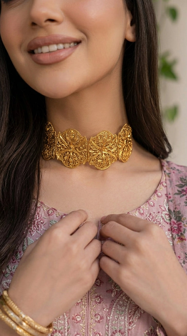 Woman wearing a gold necklace with a floral design, set against a neutral background.