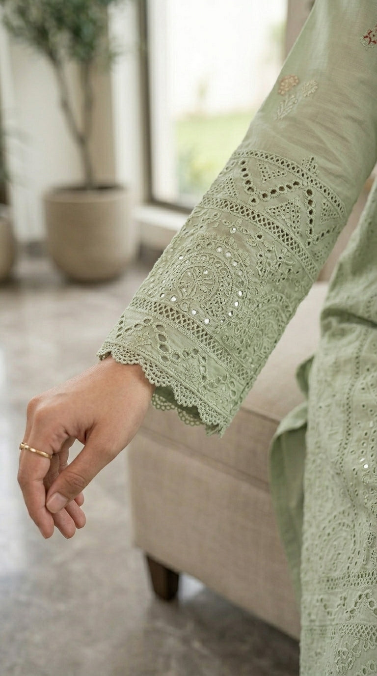 Close-up of a person wearing a light green lace-trimmed garment with a blurred indoor background.