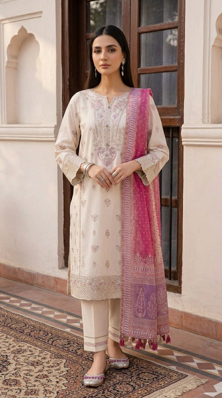 Woman wearing a traditional outfit with a pink dupatta in an elegant setting