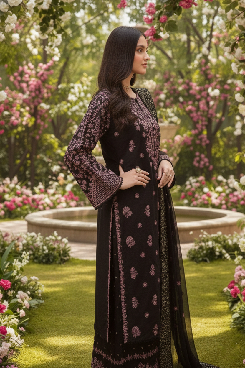 Woman in a black and purple dress standing in a garden with flowers and a fountain.