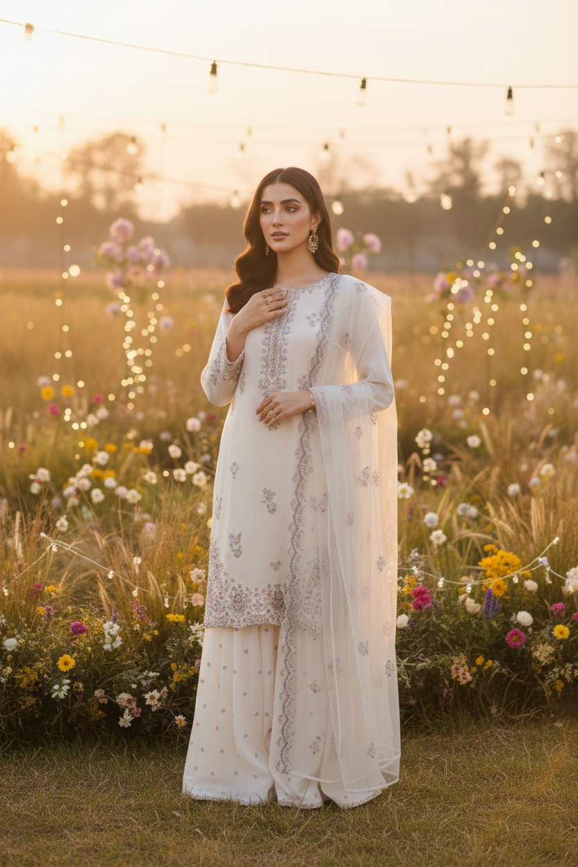 Woman in a white embroidered outfit standing in a field with flowers and string lights.
