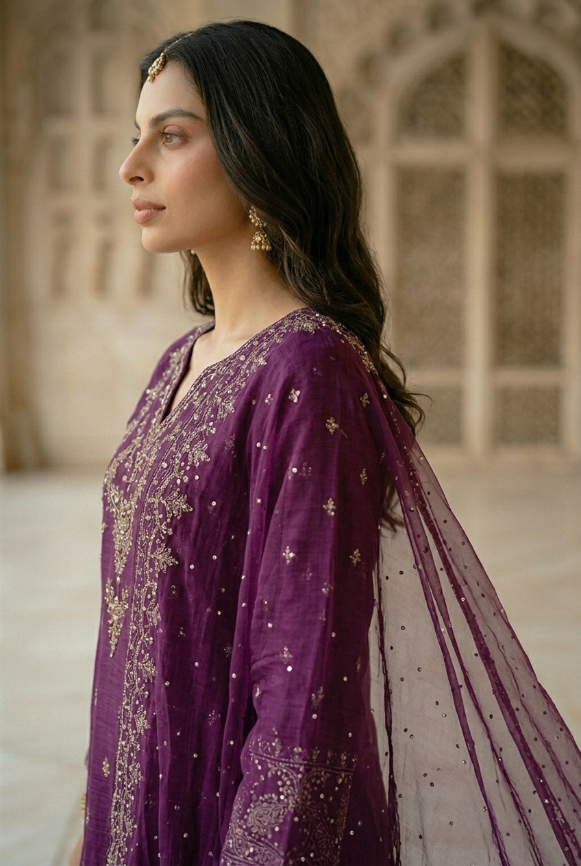 Woman in a purple traditional outfit with gold embroidery standing in front of an architectural background.