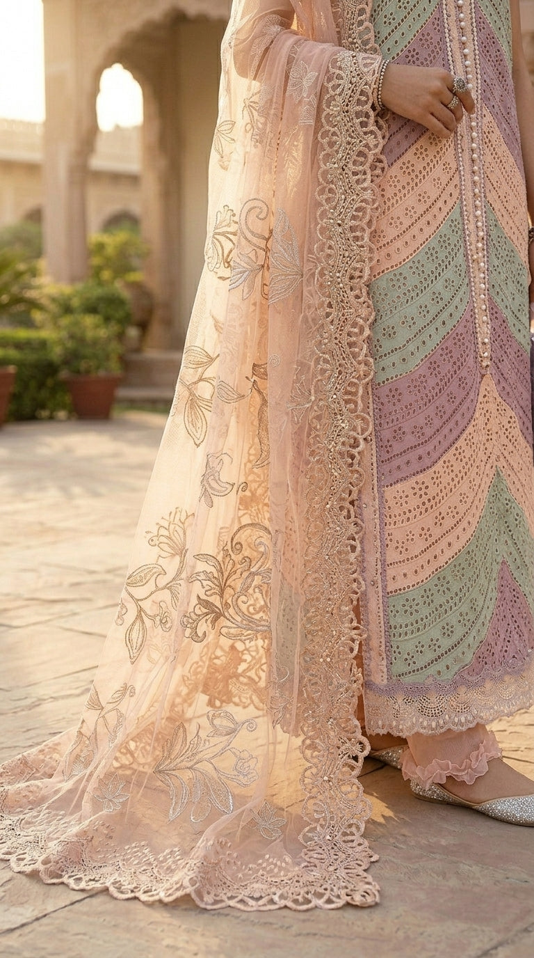Traditional embroidered outfit with a focus on intricate patterns and textures.