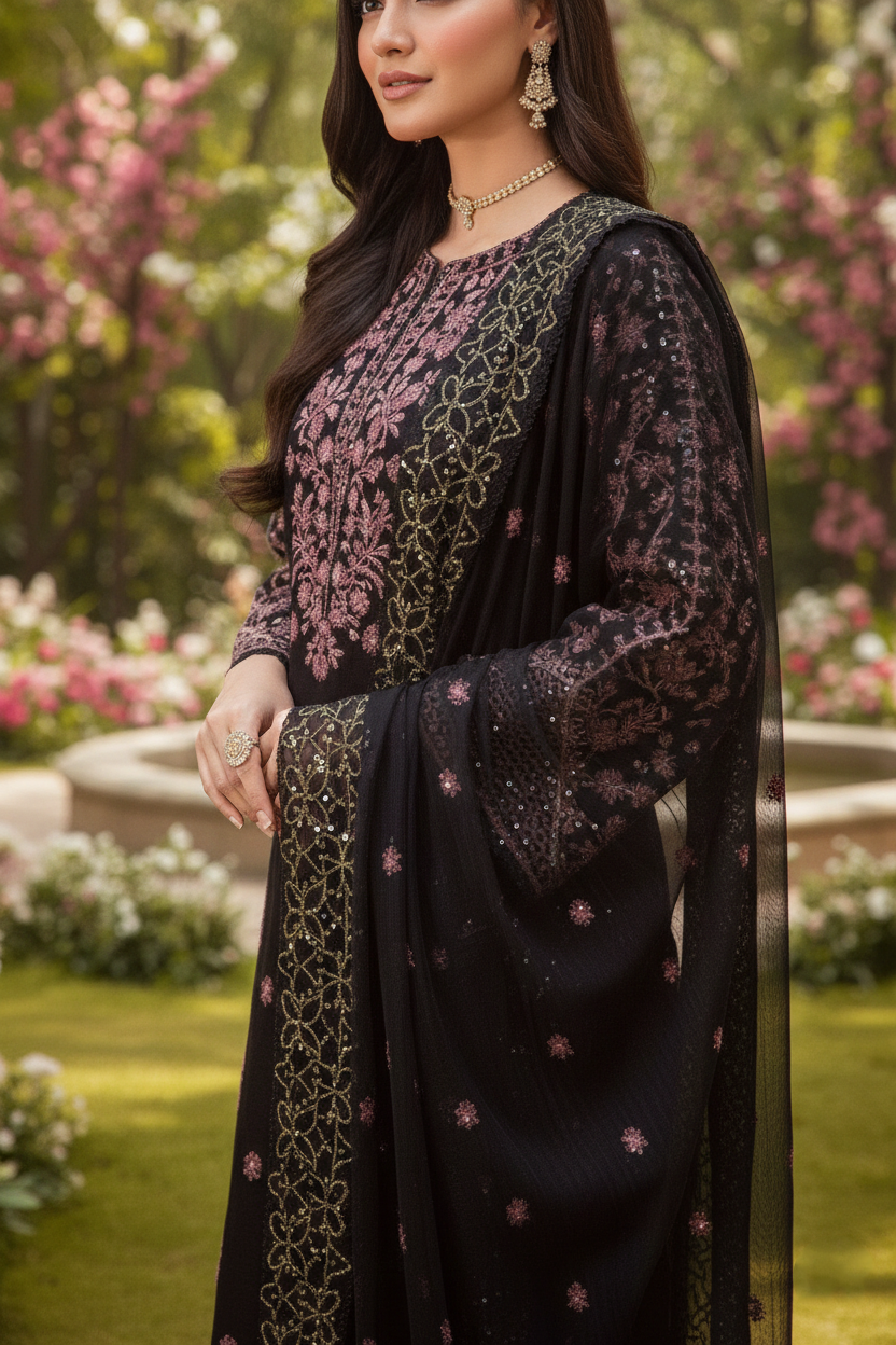Woman wearing a black and purple embroidered traditional outfit with a garden background