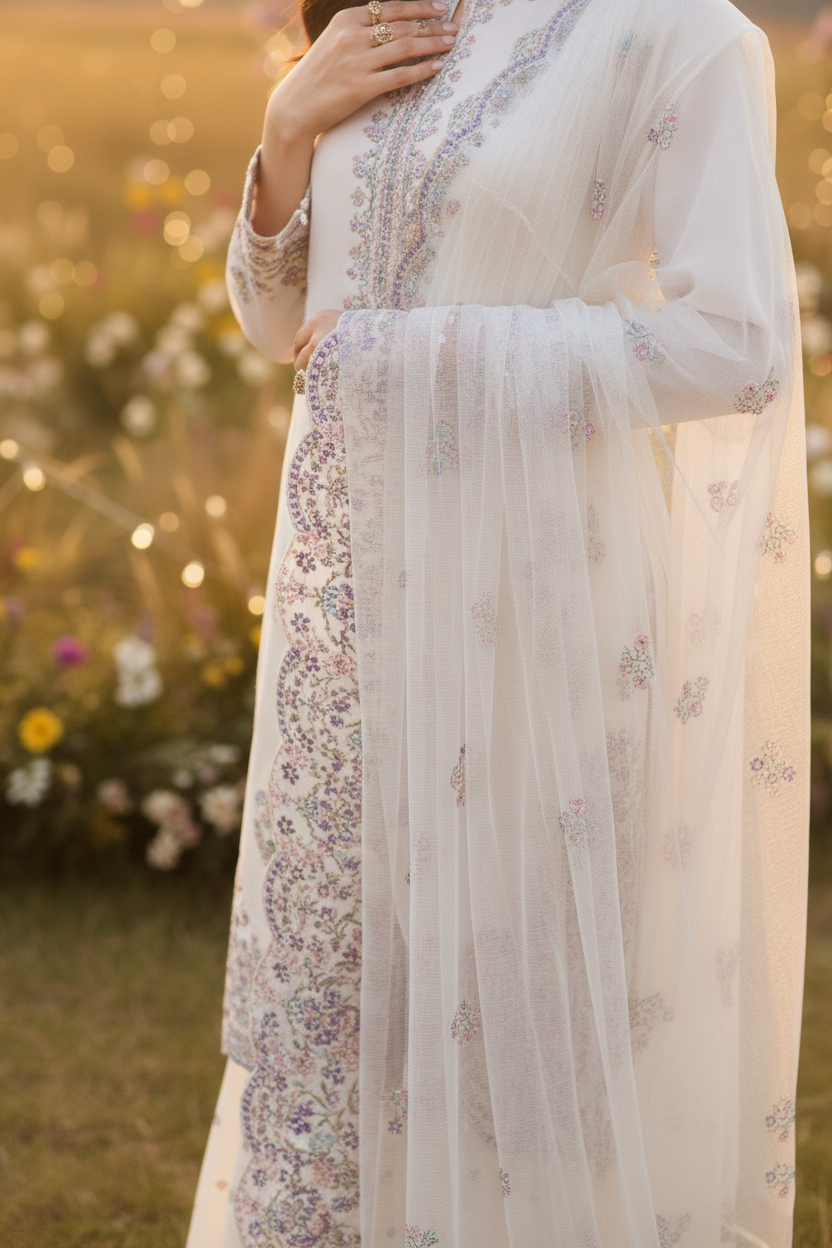 White embroidered outfit with floral patterns in a natural setting