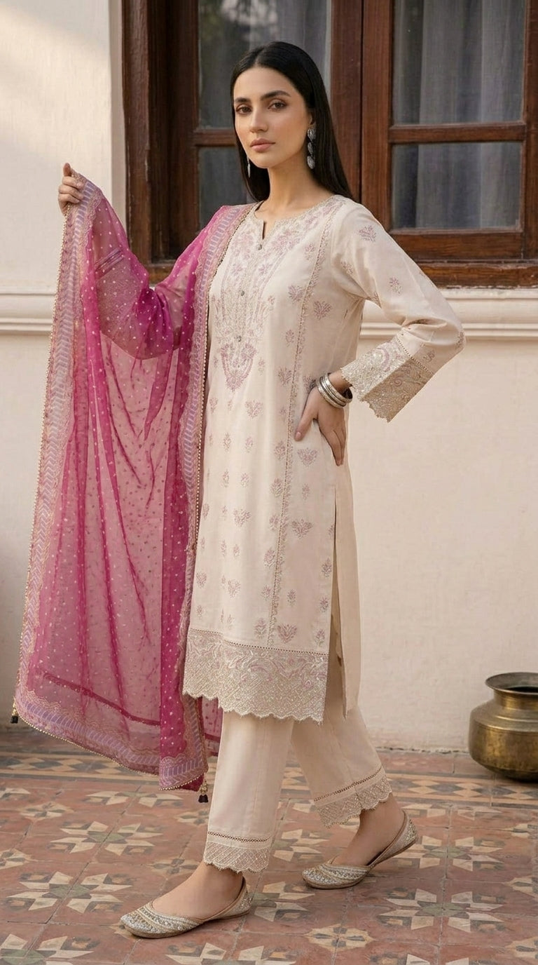 Woman in a traditional outfit with a pink dupatta standing indoors.