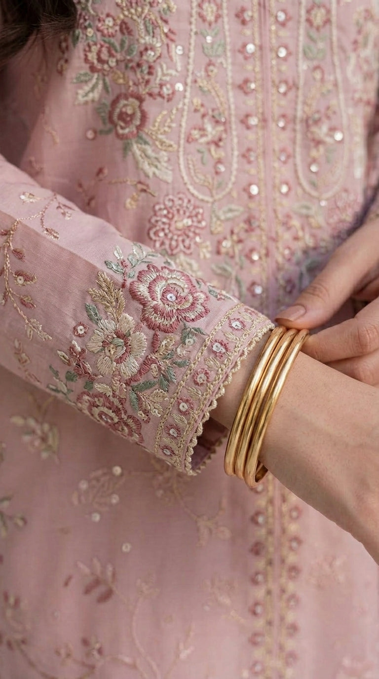 Close-up of a pink embroidered garment with gold bangles on a blurred background