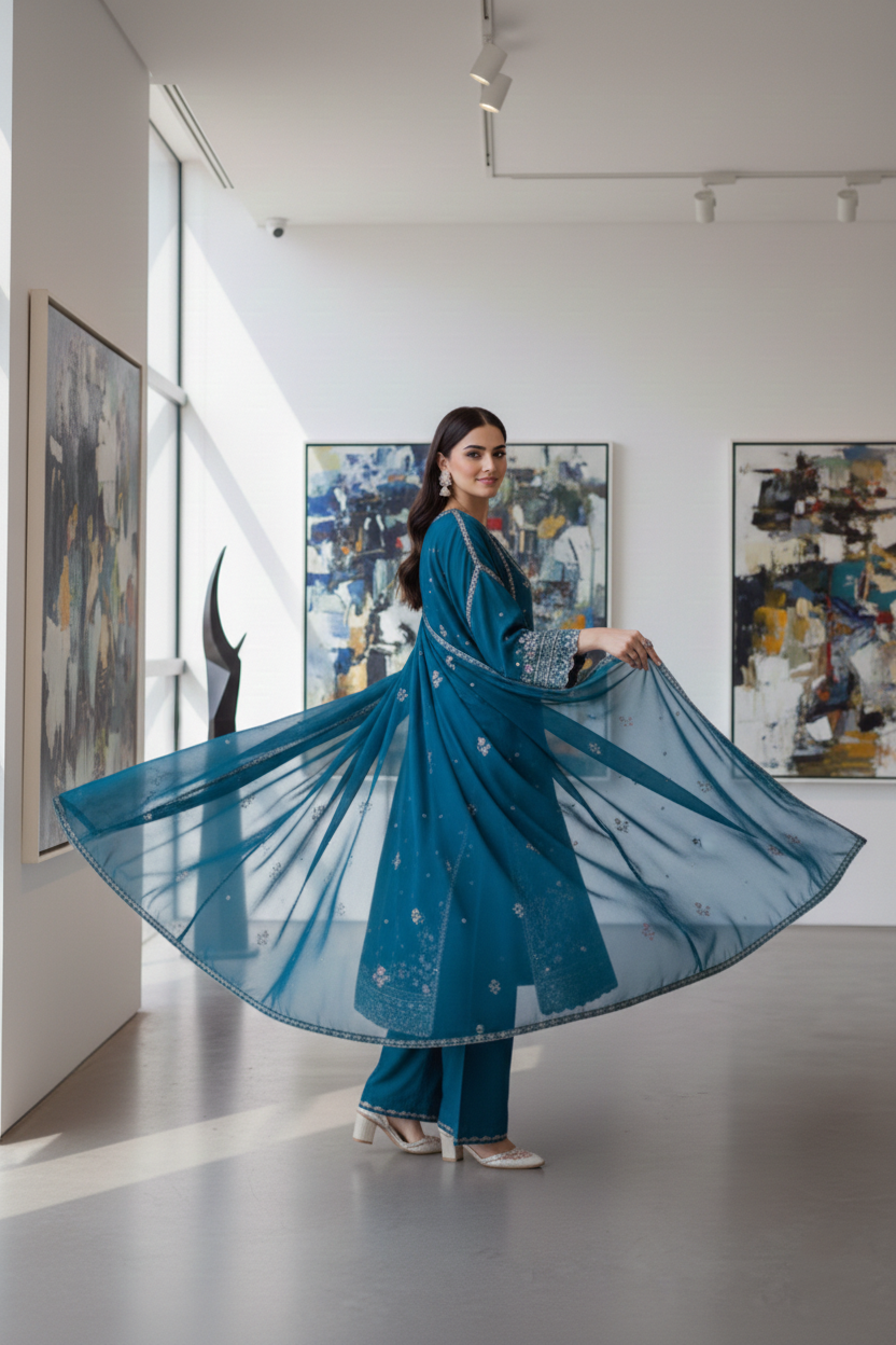 Woman in a blue traditional outfit standing in an art gallery with abstract paintings on the wall.