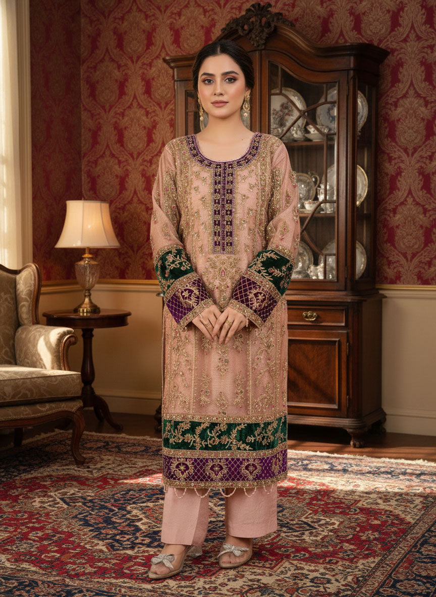Woman wearing pink and green embroidered Pakistani formal wear festive designer suit