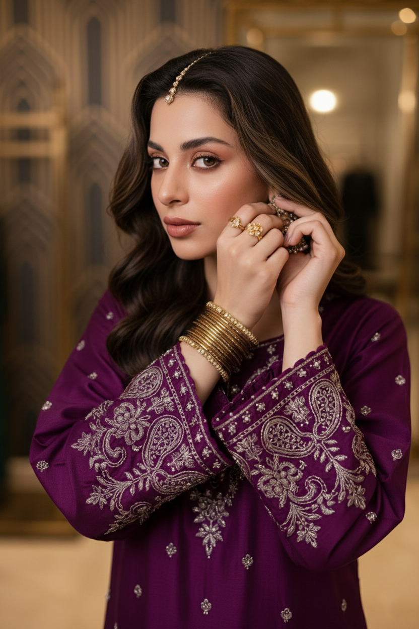 Woman wearing a purple embroidered outfit with gold jewelry indoors.