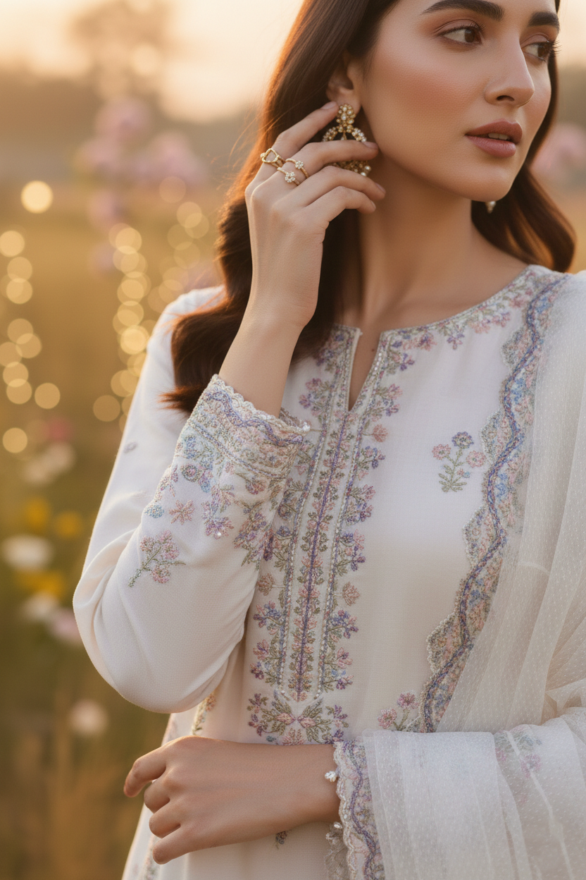 Woman wearing a white embroidered outfit with a blurred natural background