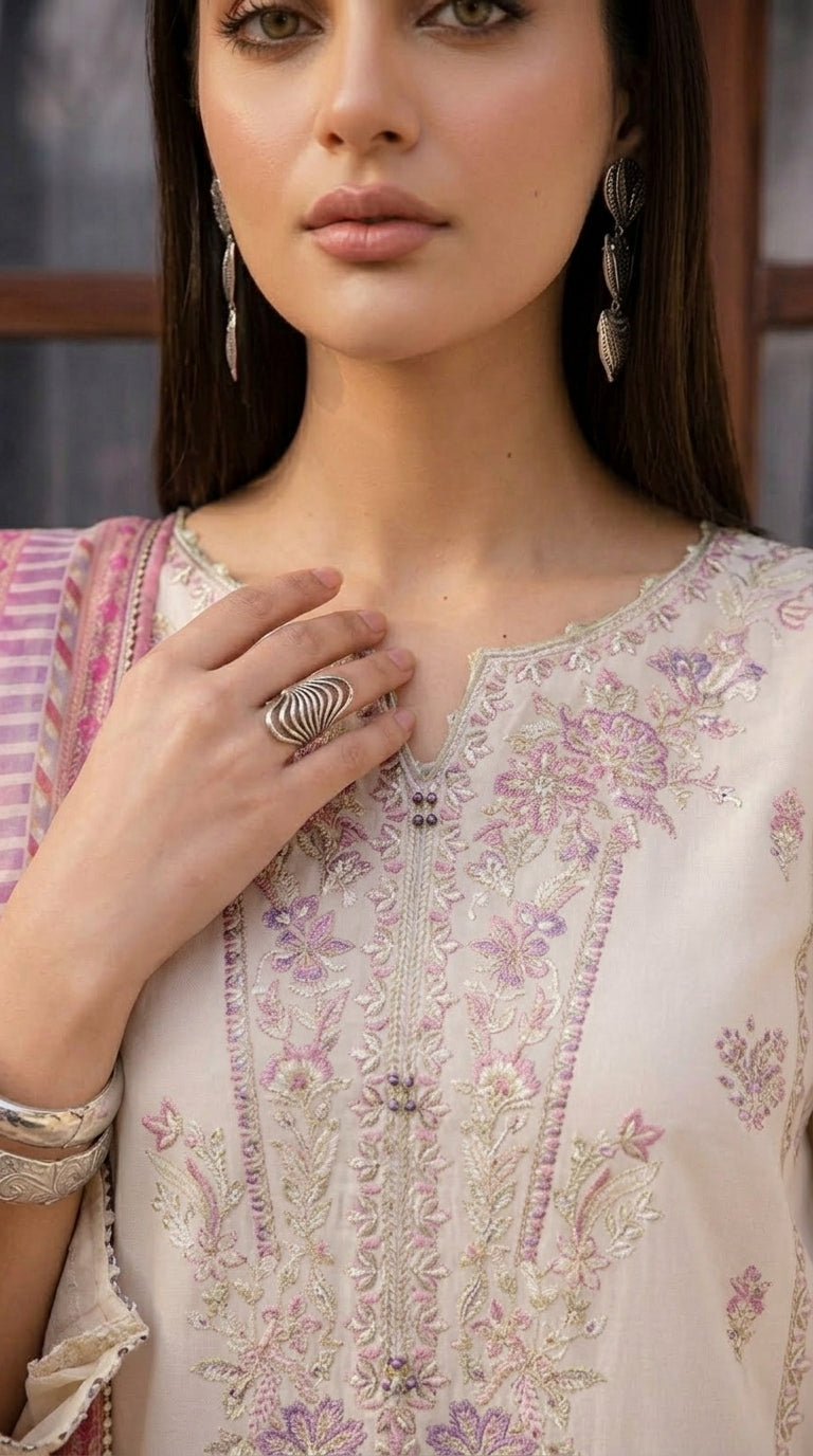 Woman wearing a traditional embroidered outfit with a close-up of her hand and jewelry.