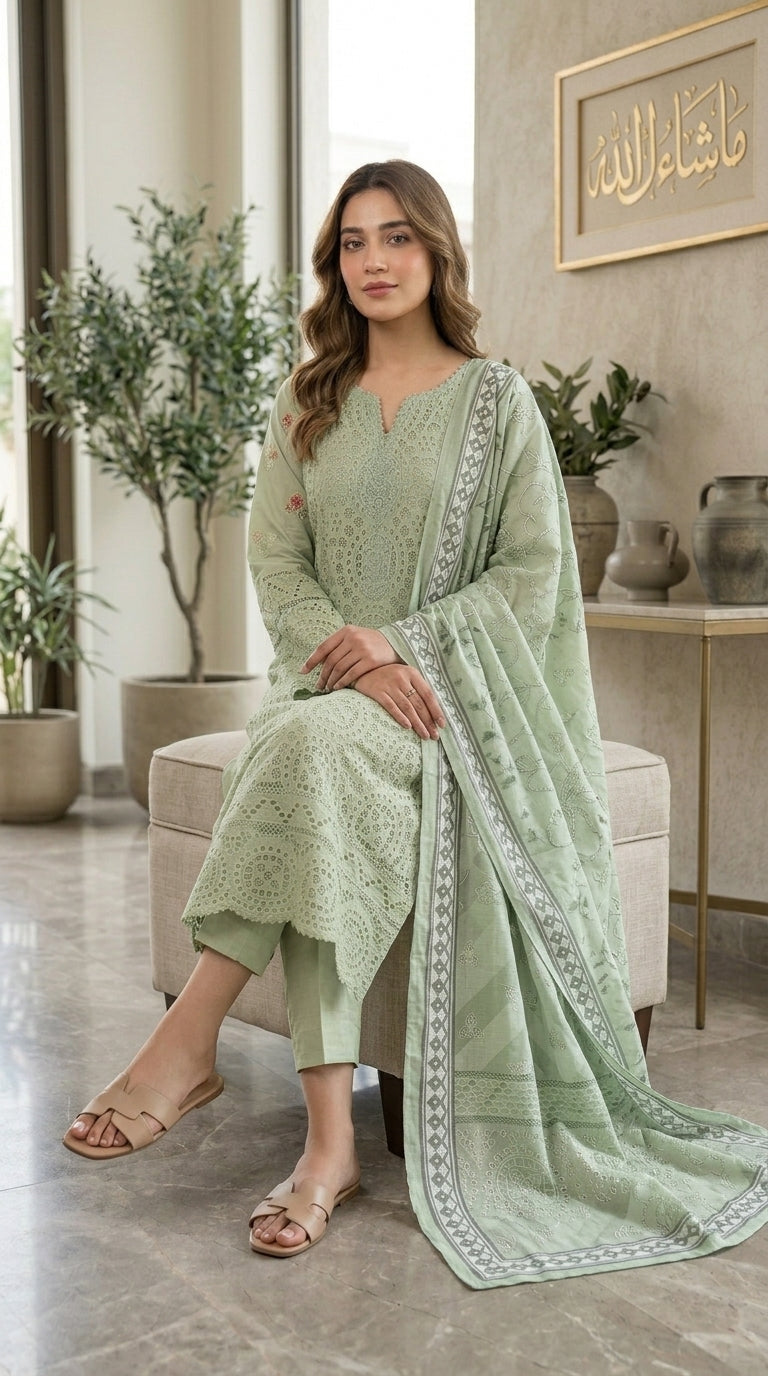 Woman in a light green traditional outfit sitting in a stylish room with decor elements.