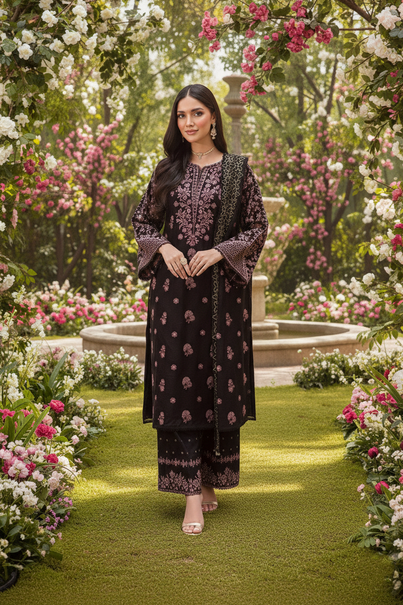 Woman in a black and purple traditional outfit standing in a garden with flowers and a fountain.
