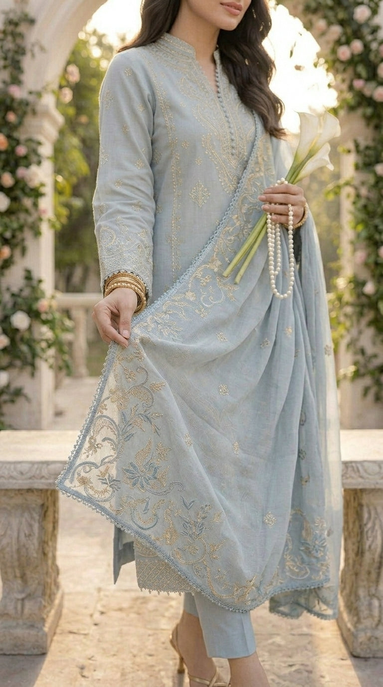 Woman in a light blue traditional outfit with embroidery, holding flowers and pearls, against a blurred floral background.