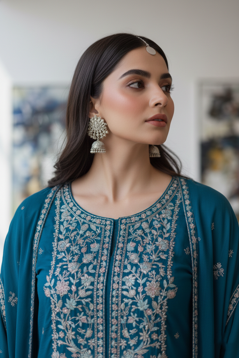 Woman wearing a teal embroidered outfit with jewelry indoors.