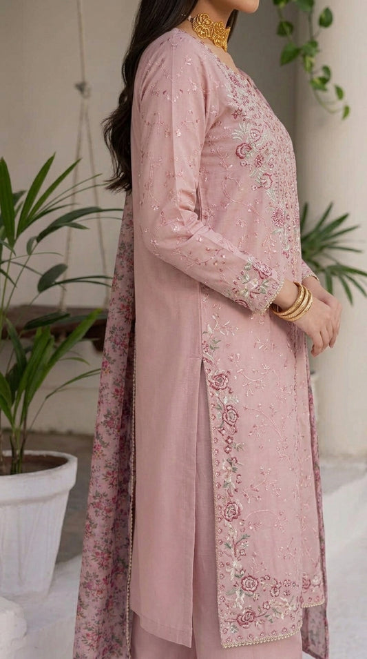 Woman wearing a pink embroidered traditional outfit with plants in the background