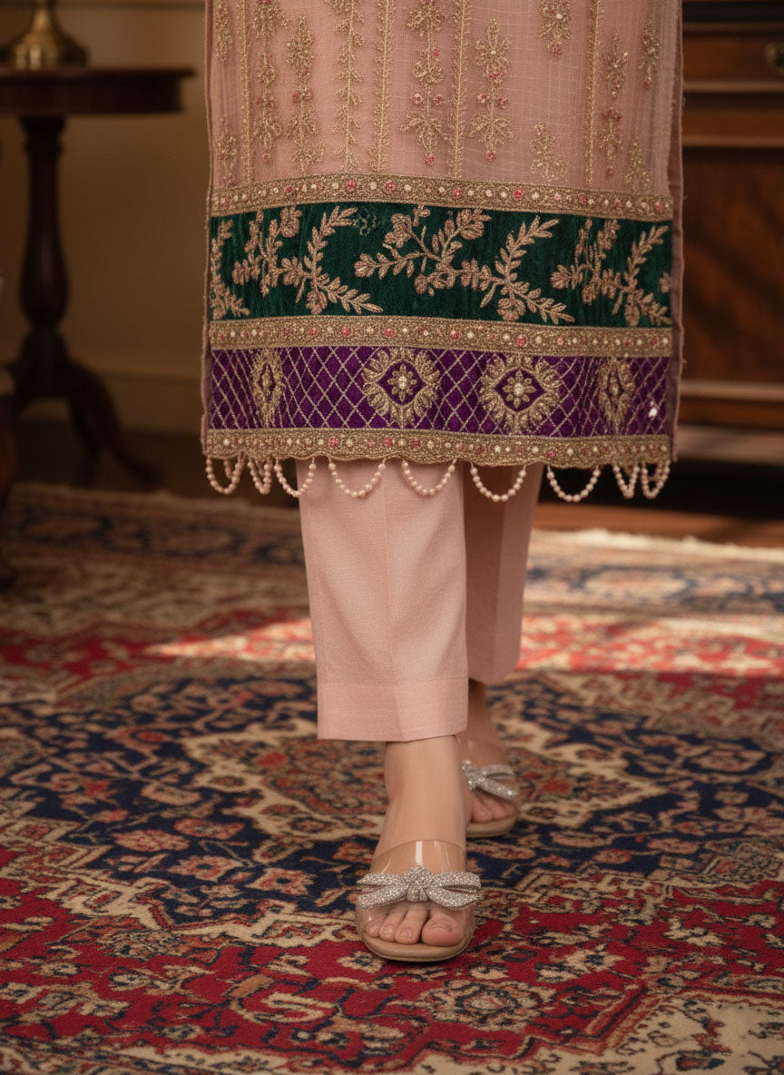 Pakistani formal wear with embroidered lawn shirt, pastel pants, festive wear Pakistan