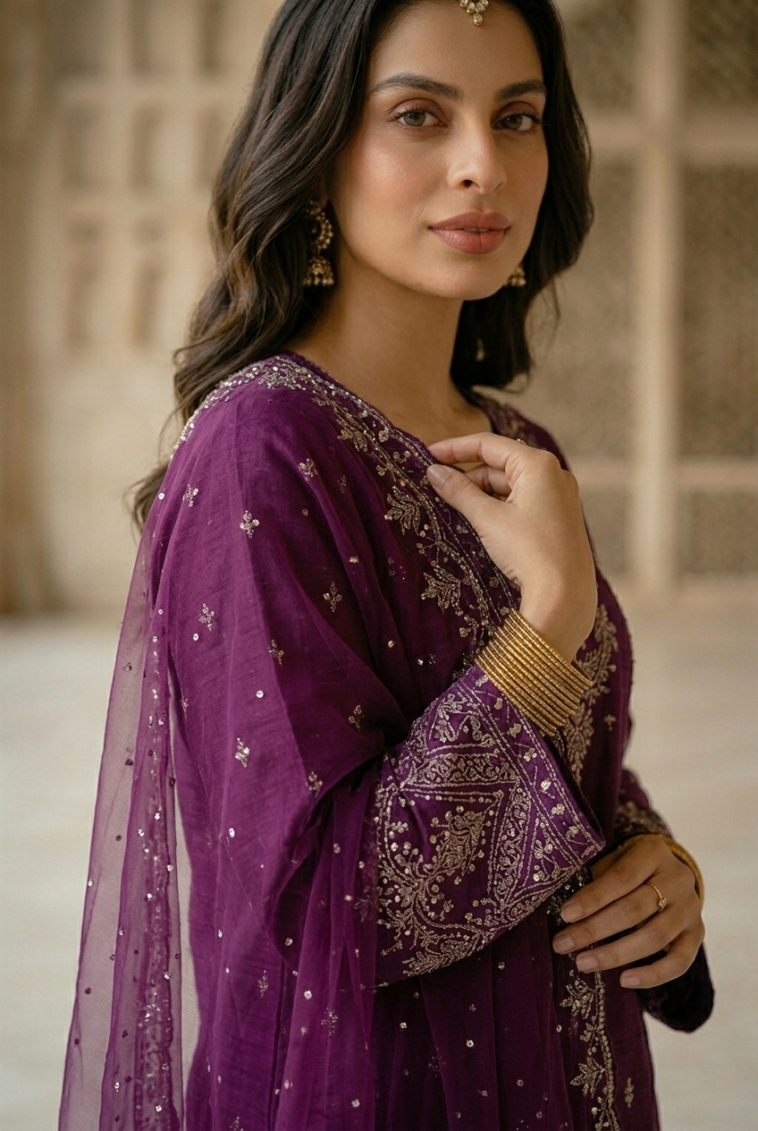 Woman wearing a purple traditional outfit with intricate designs indoors.