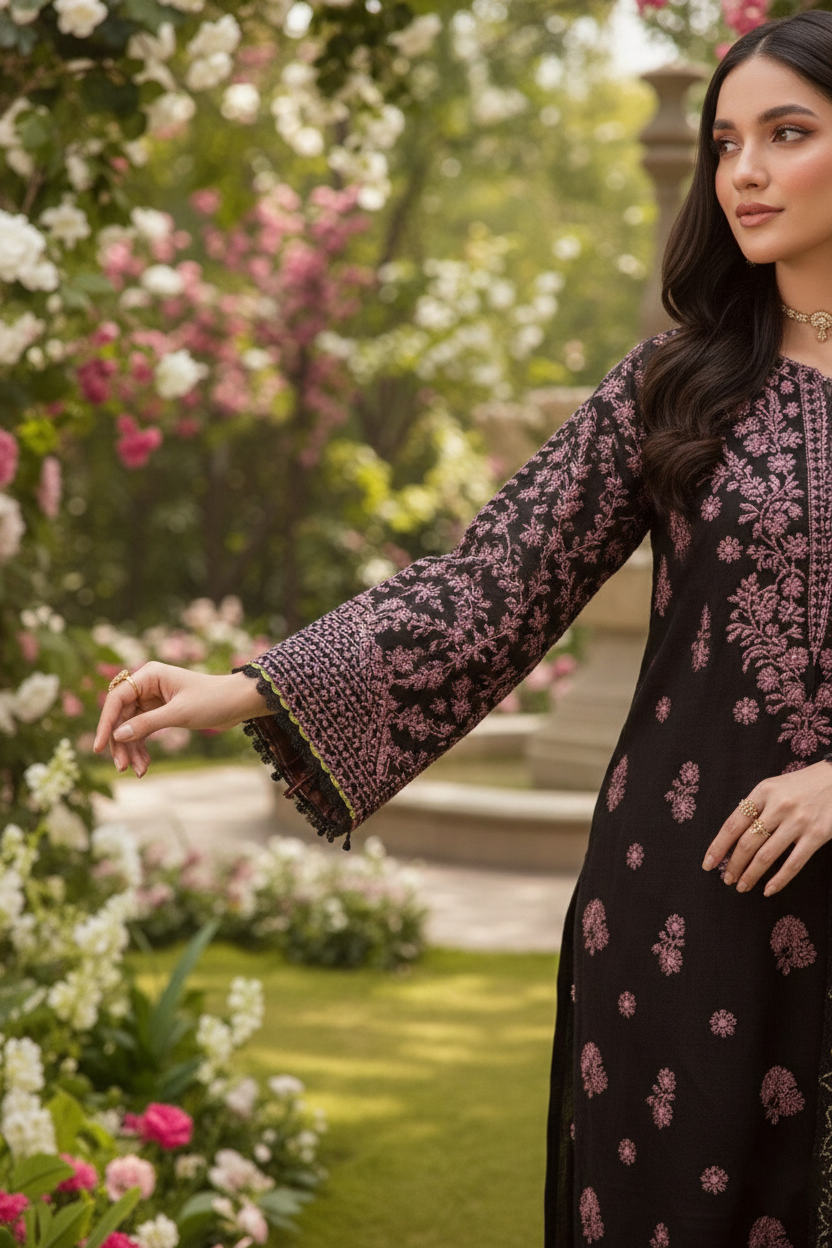Woman in a floral dress standing in a garden with flowers and greenery.