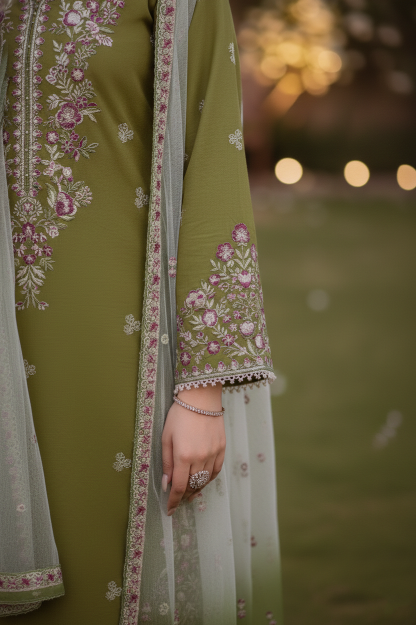 Green embroidered traditional outfit with a blurred background