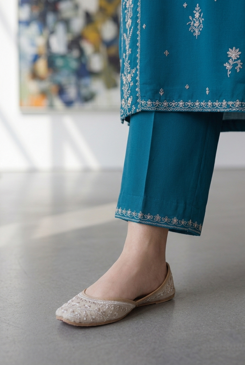 Teal embroidered outfit with matching pants and beige flats on a neutral background