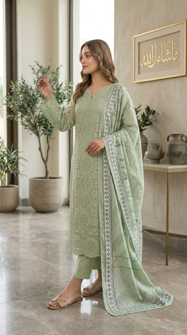 Woman in a light green traditional outfit with a matching dupatta in a room with plants and decor.
