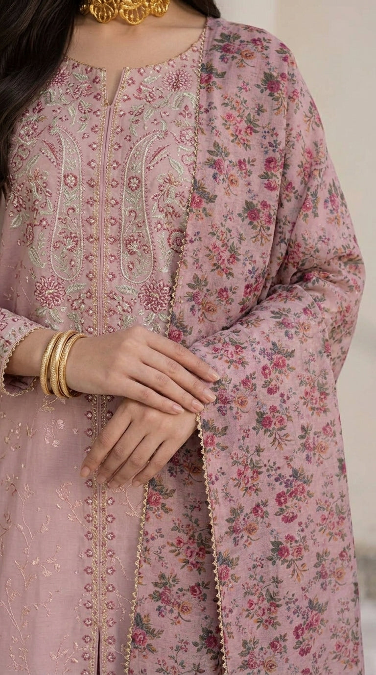 Pink floral embroidered traditional outfit with gold jewelry on a plain background
