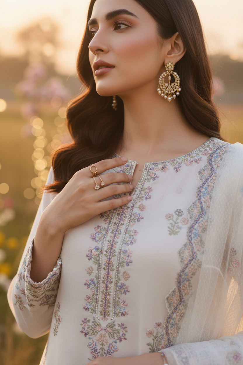 Woman wearing a cream-colored embroidered outfit with floral patterns, standing outdoors with a blurred natural background.